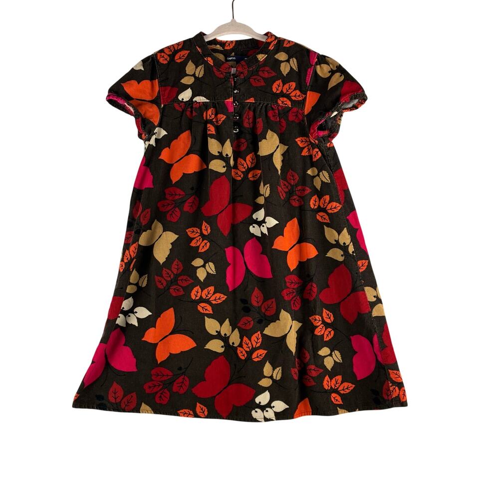 Gap Kids Girl 6-7 Corduroy A-Line Dress Butterfly Print Brown Orange Fall Autumn